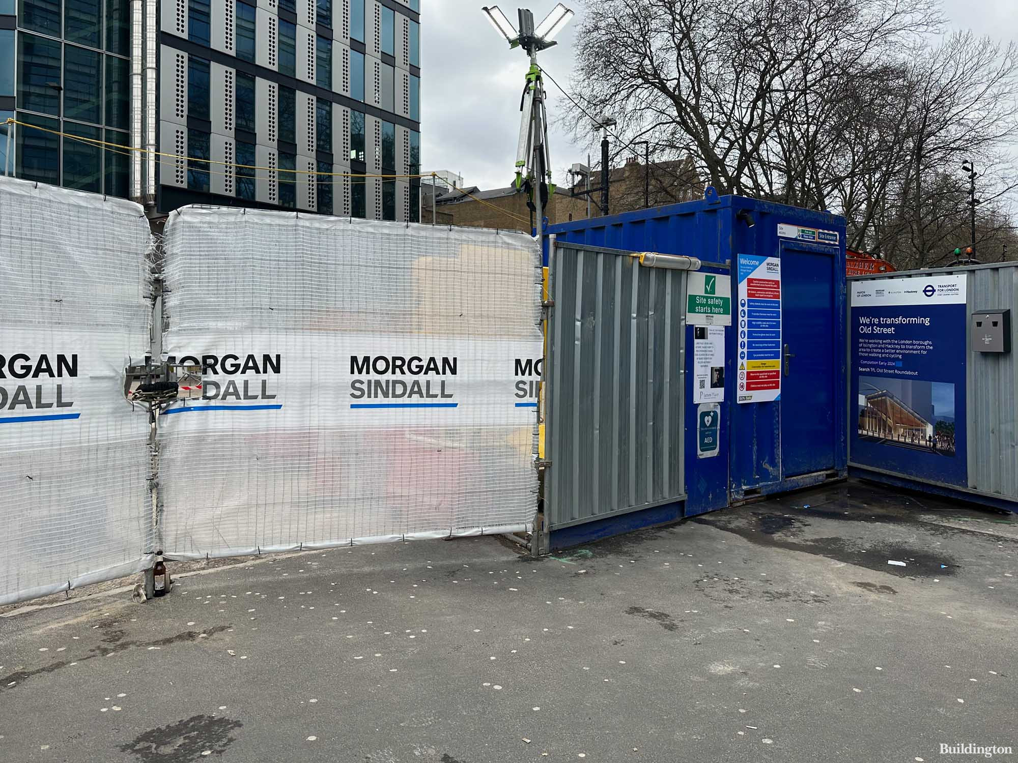 Old Street Station and Roundabout hoarding in Spring 2023.