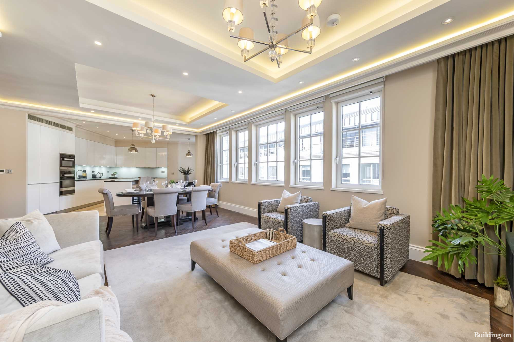Reception at the four-bedroom duplex penthouse available for rent for £4,000 per week with Mayfair specialists  WETHERELL.