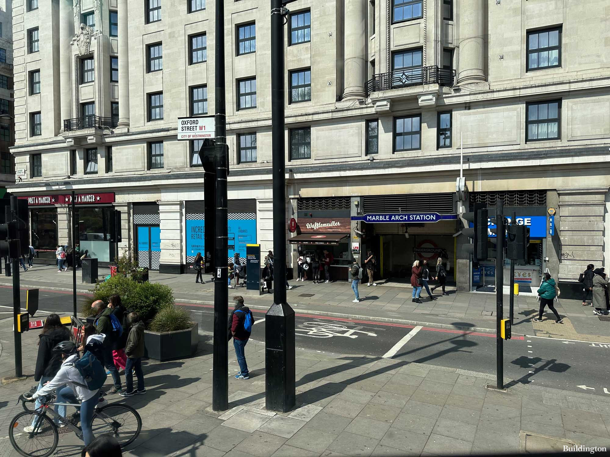 Marble Arch Station on Central Line with entrance on the ground level of The Cumberland hotel on Oxford Street in London W1.