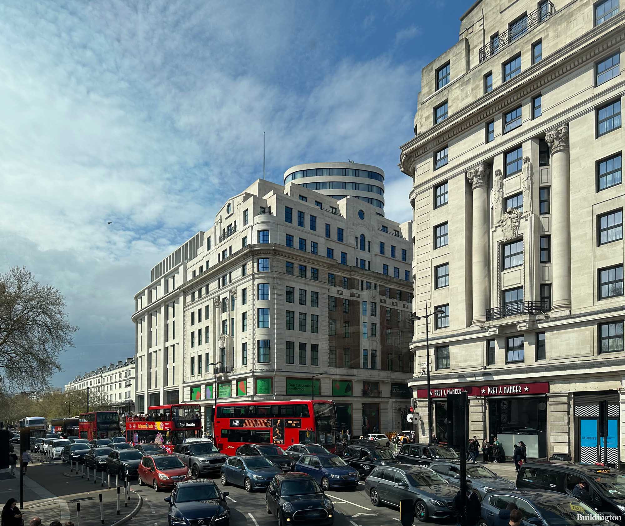 One Marble Arch office development opposite Marble Arch in London W1. The Cumberland Hotel and Marble Arch station to the right.