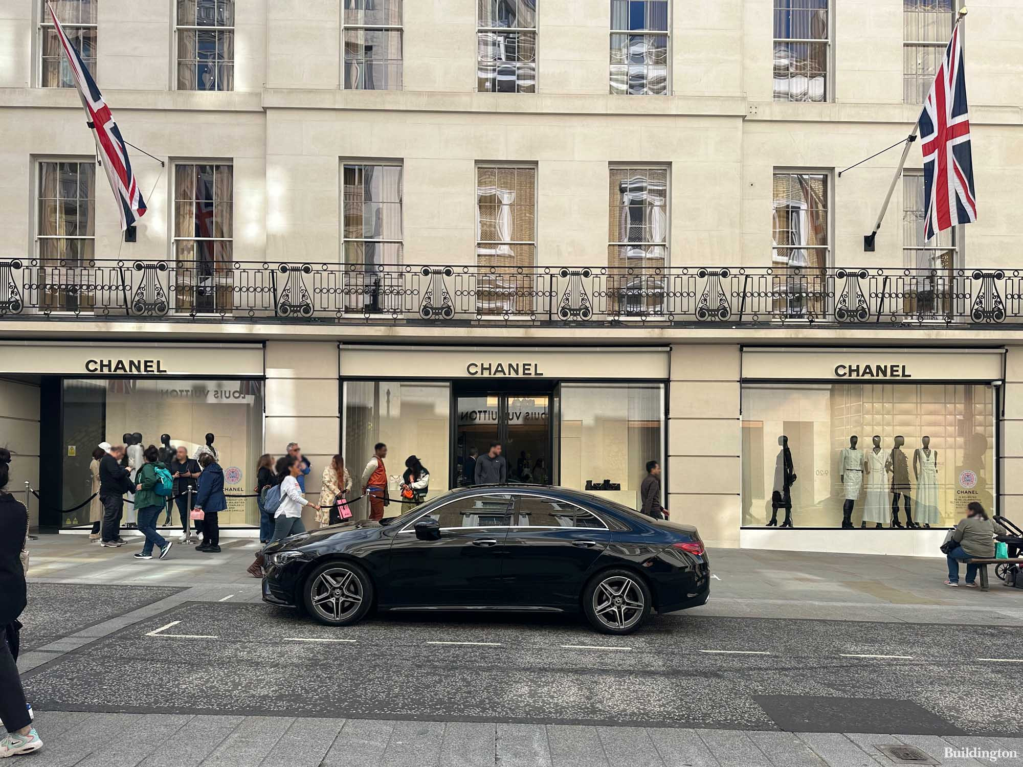Queue at Chanel London store at 158-159 New Bond Street in Mayfair, London W1.