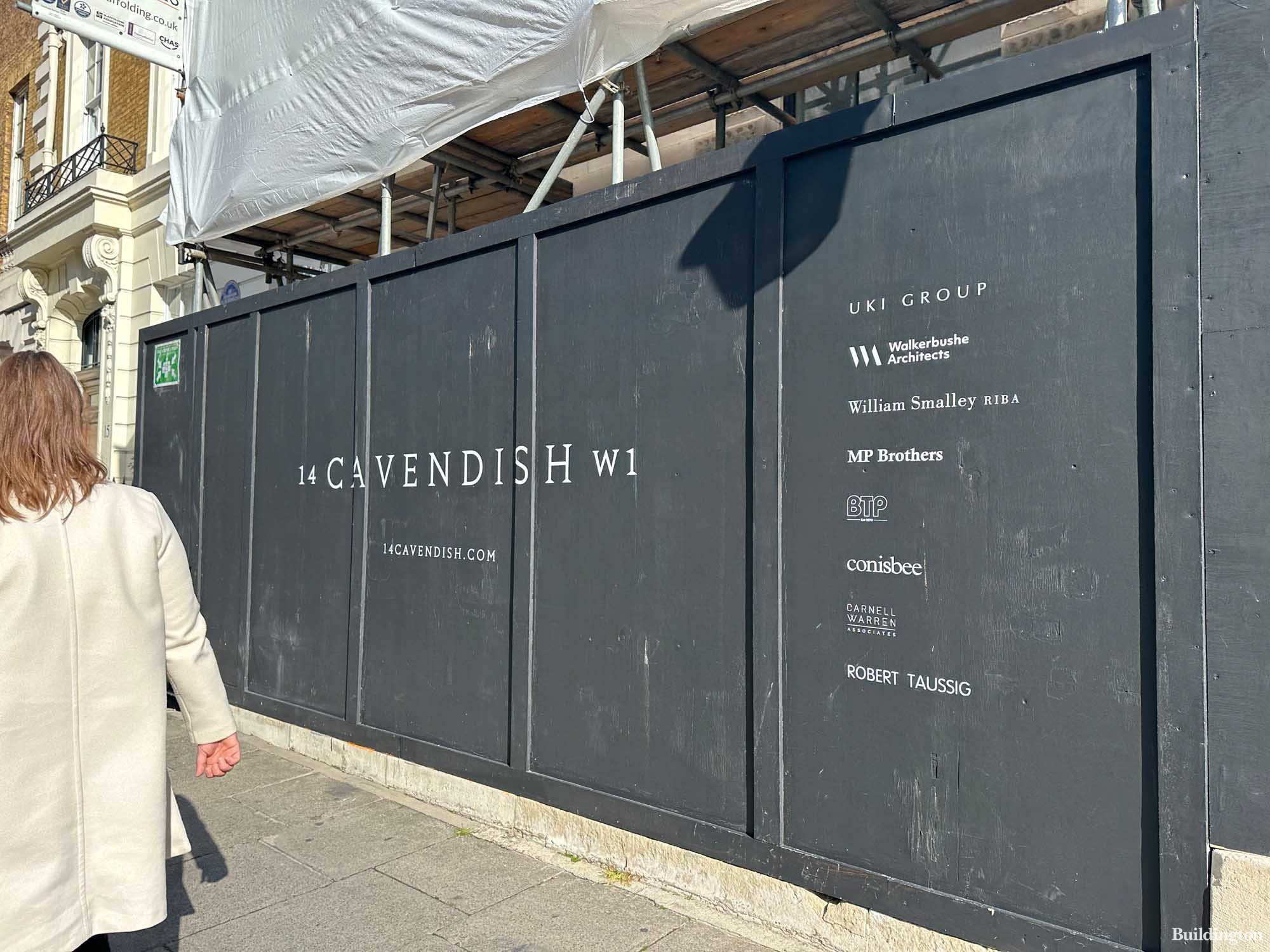 Hoarding at 14 Cavendish Square building in Spring 2023.
