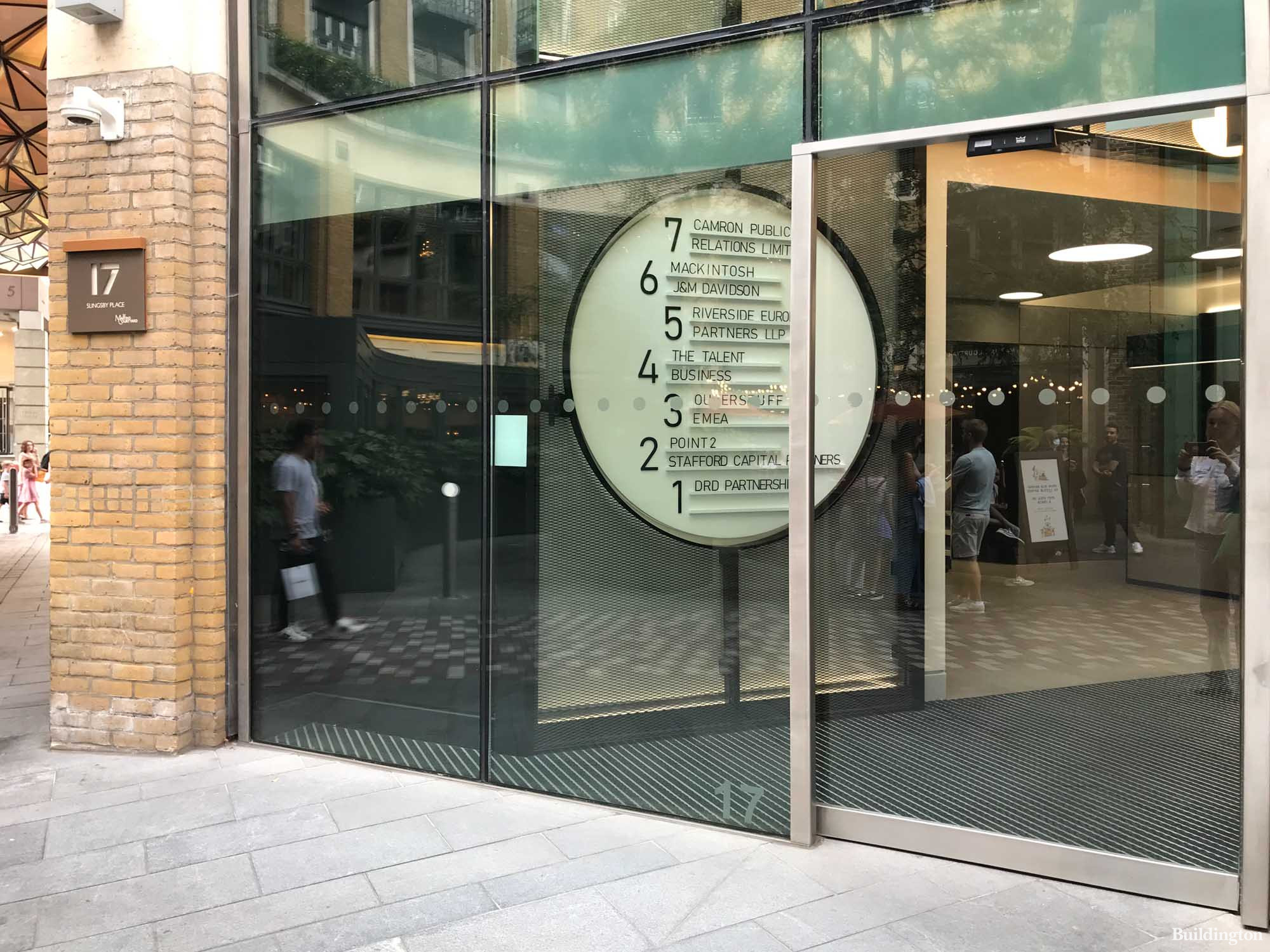 Entrance to 17 Slingsby Place and companies at the office building in St Martins Courtyard in Covent Garden, London WC2.