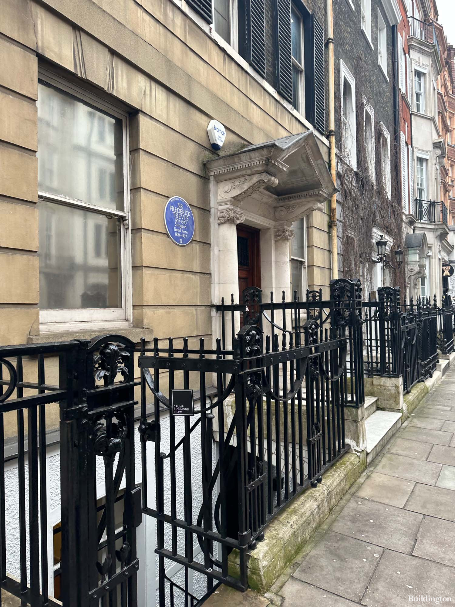 Sir Frederick Treves blue plaque next to the entrance to 6 Wimpole Street in Marylebone, London W1.