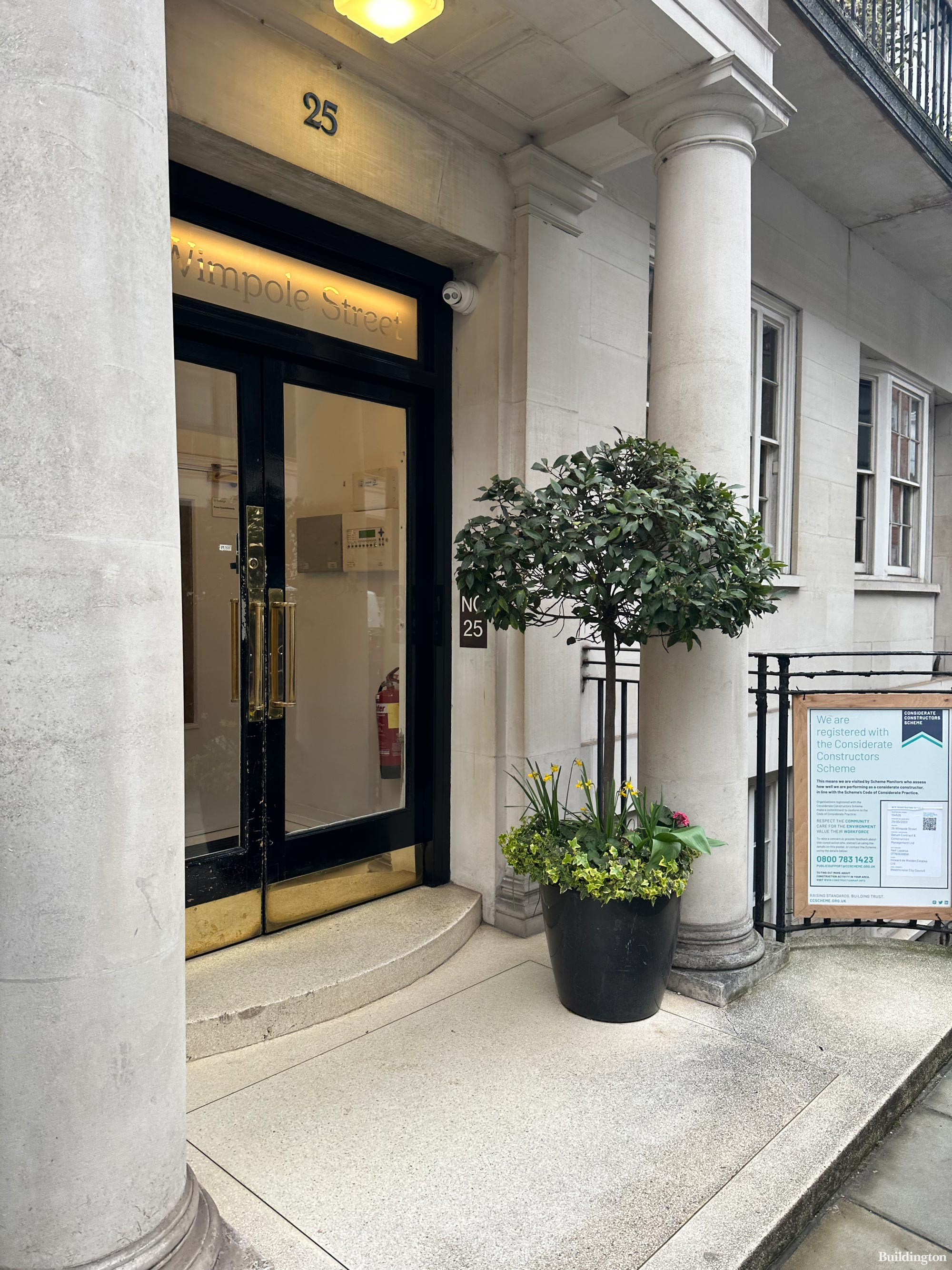 25 Wimpole Street building entrance during refurbishment works in Spring 2023.