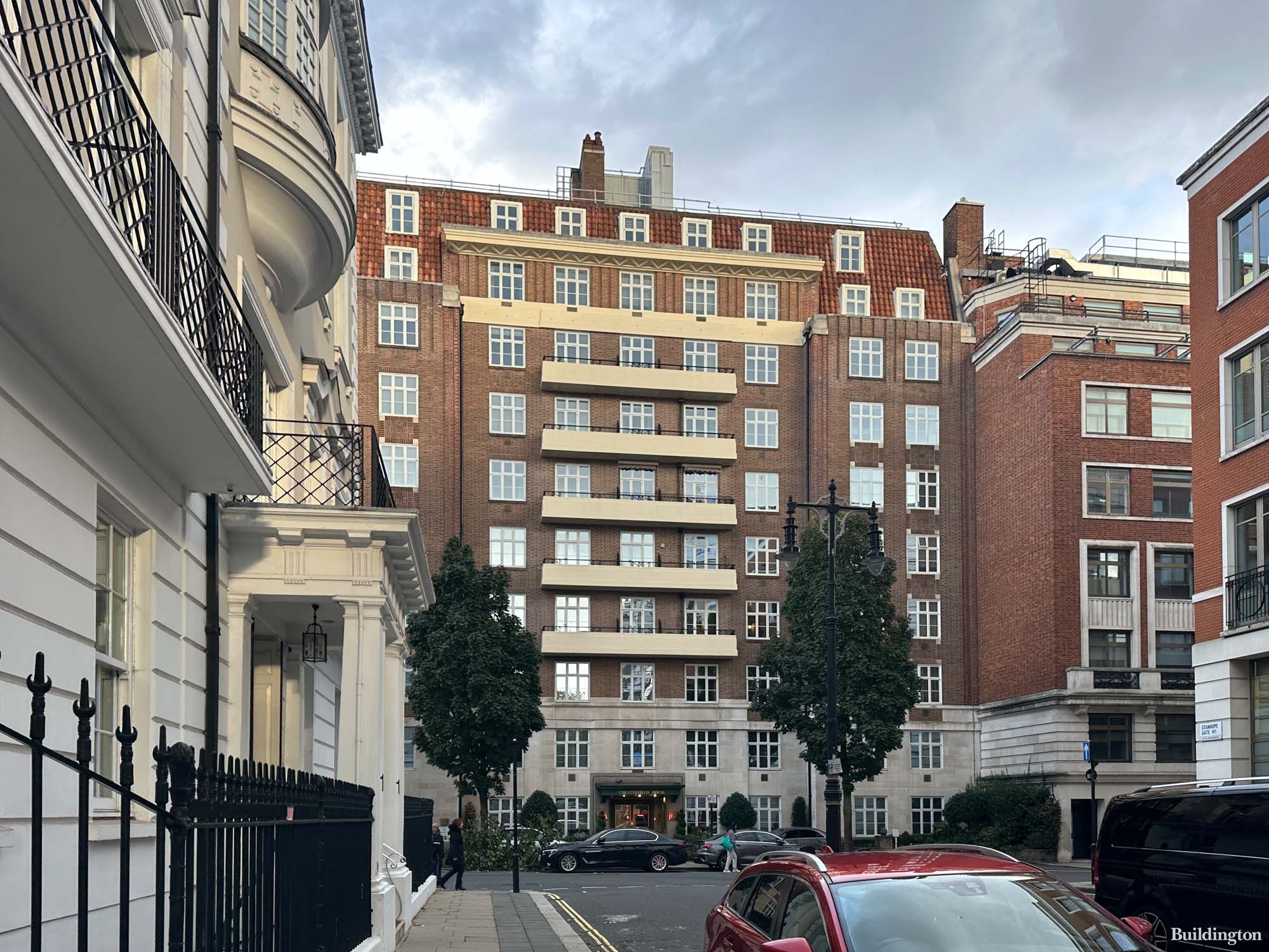 Chesterfield House apartments from Stanhope Gate in Mayfair, London W1.
