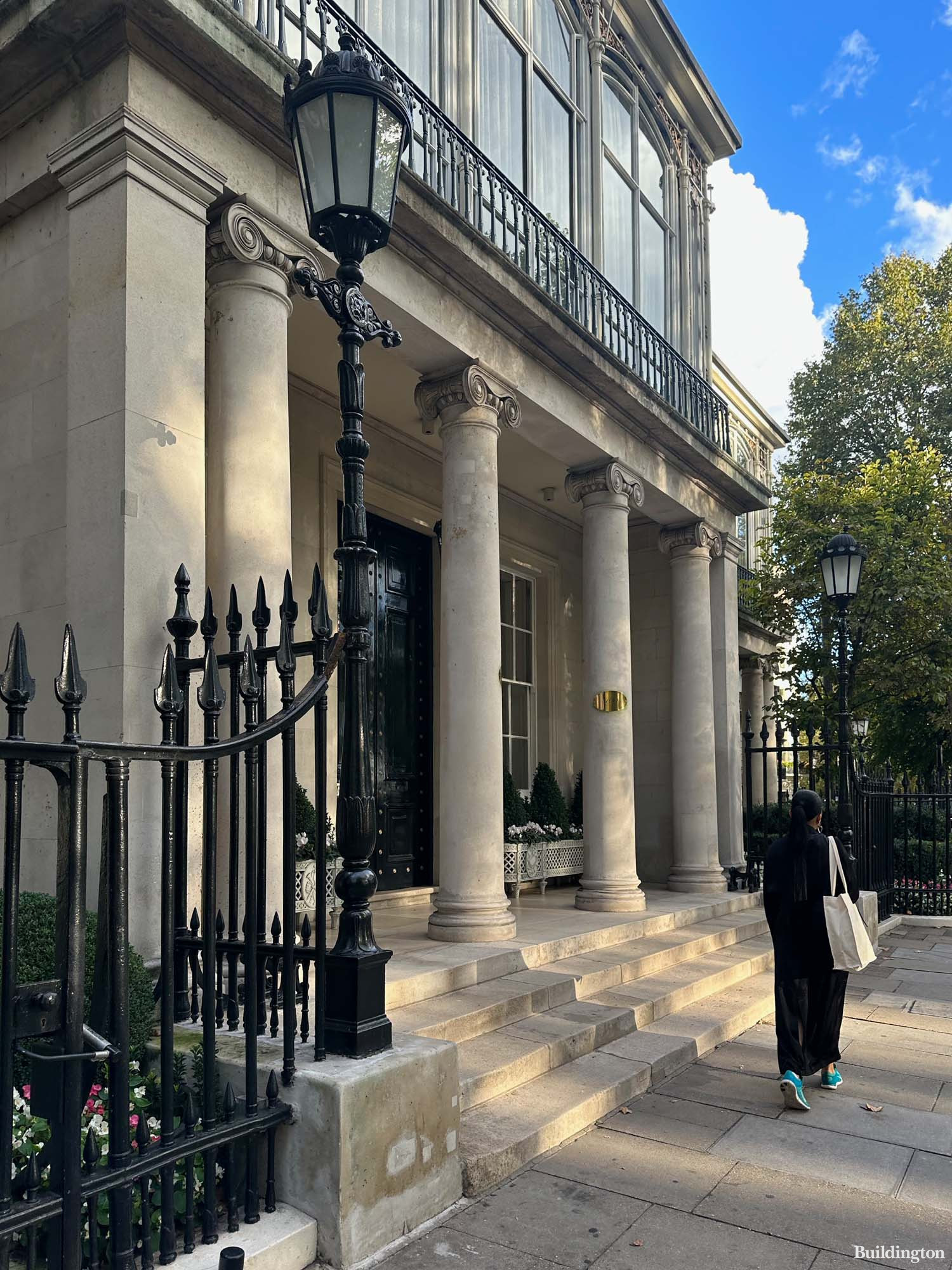 At the entrance to Dudley House Grade II* listed building in Mayfair, London W1.