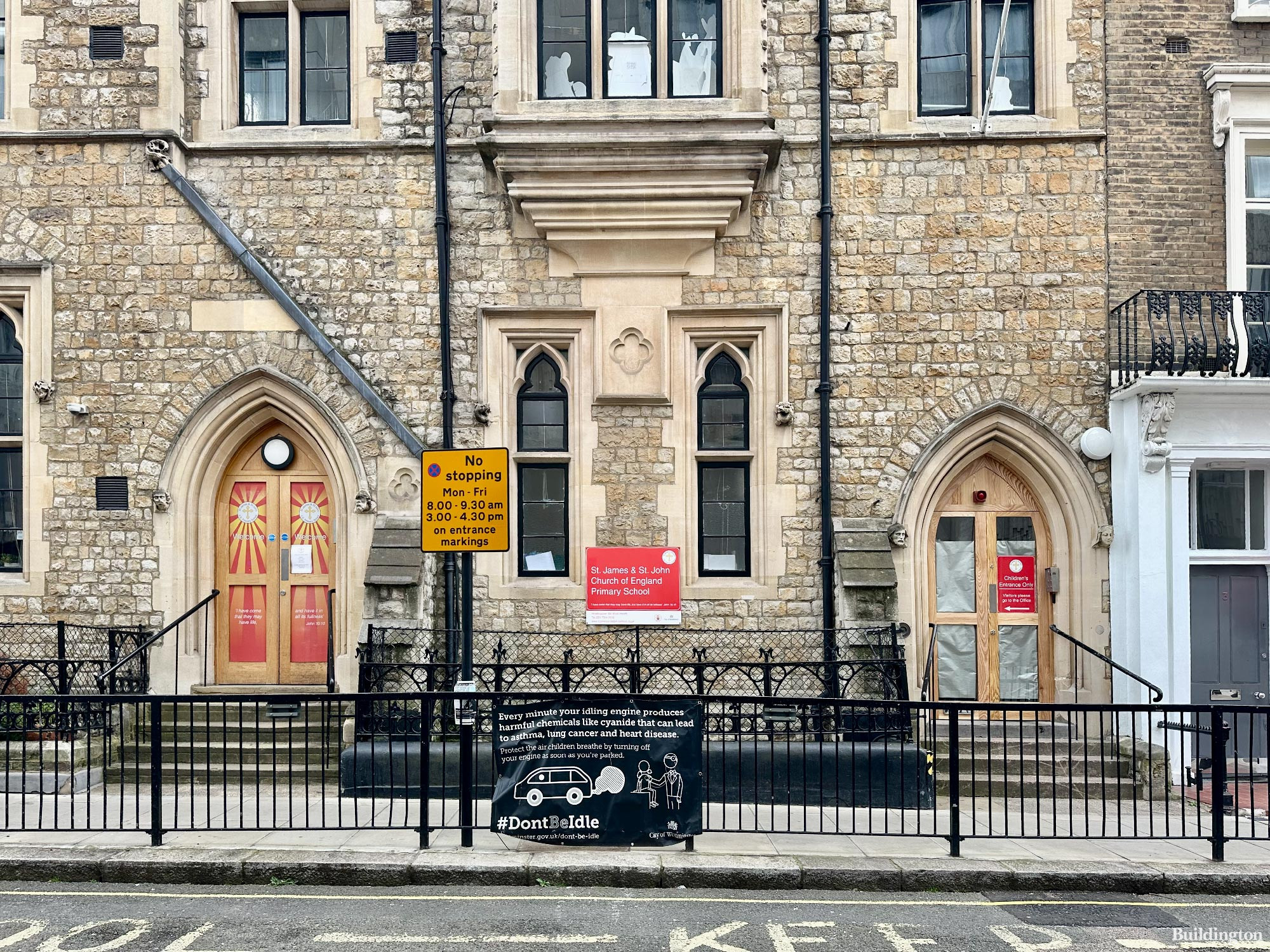 Front elevation on street level St James & St John Church of England Primary School on Craven Terrace, London W2.