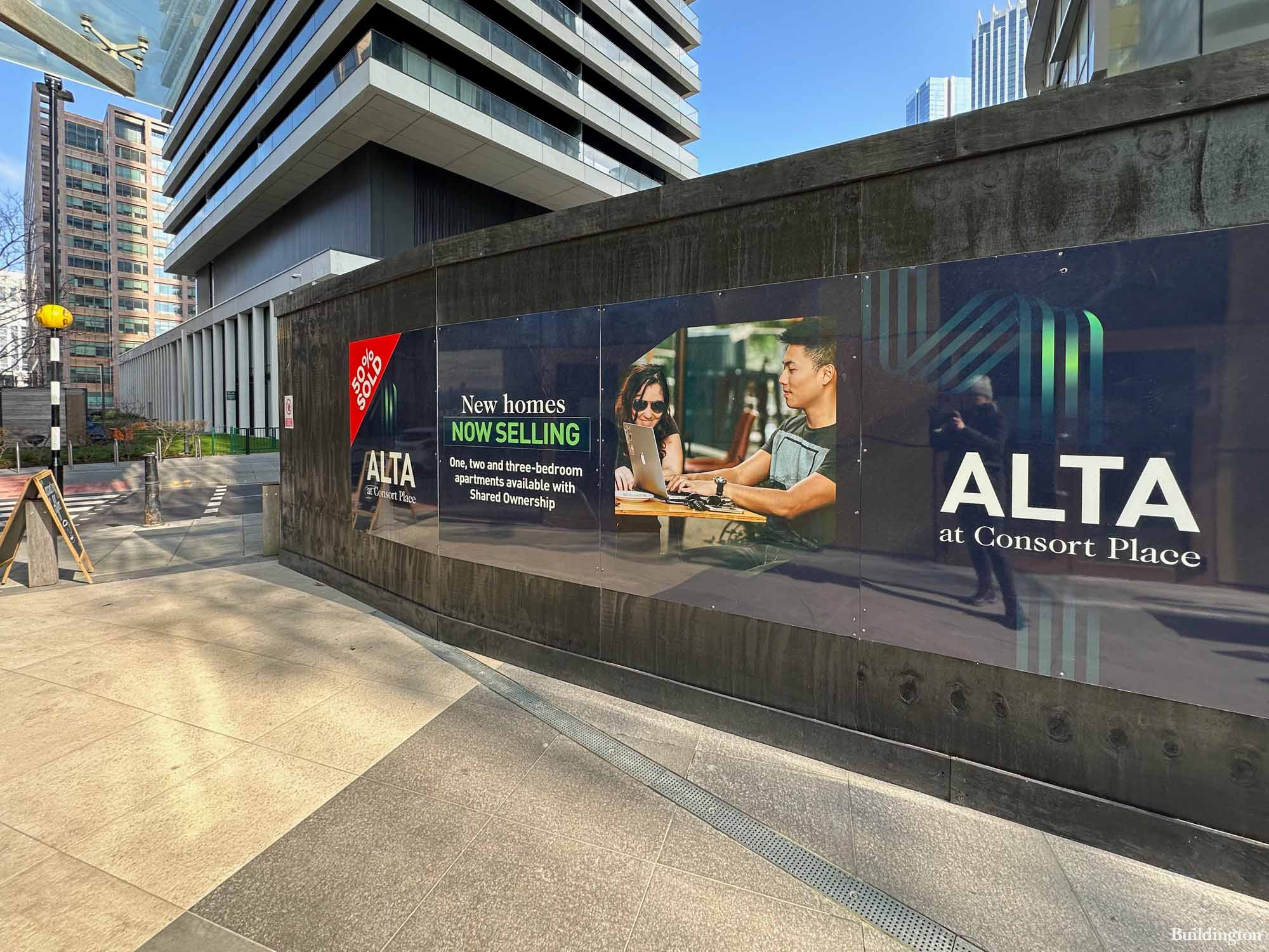 Alta at Consort Place development hoarding on site in March 2024.