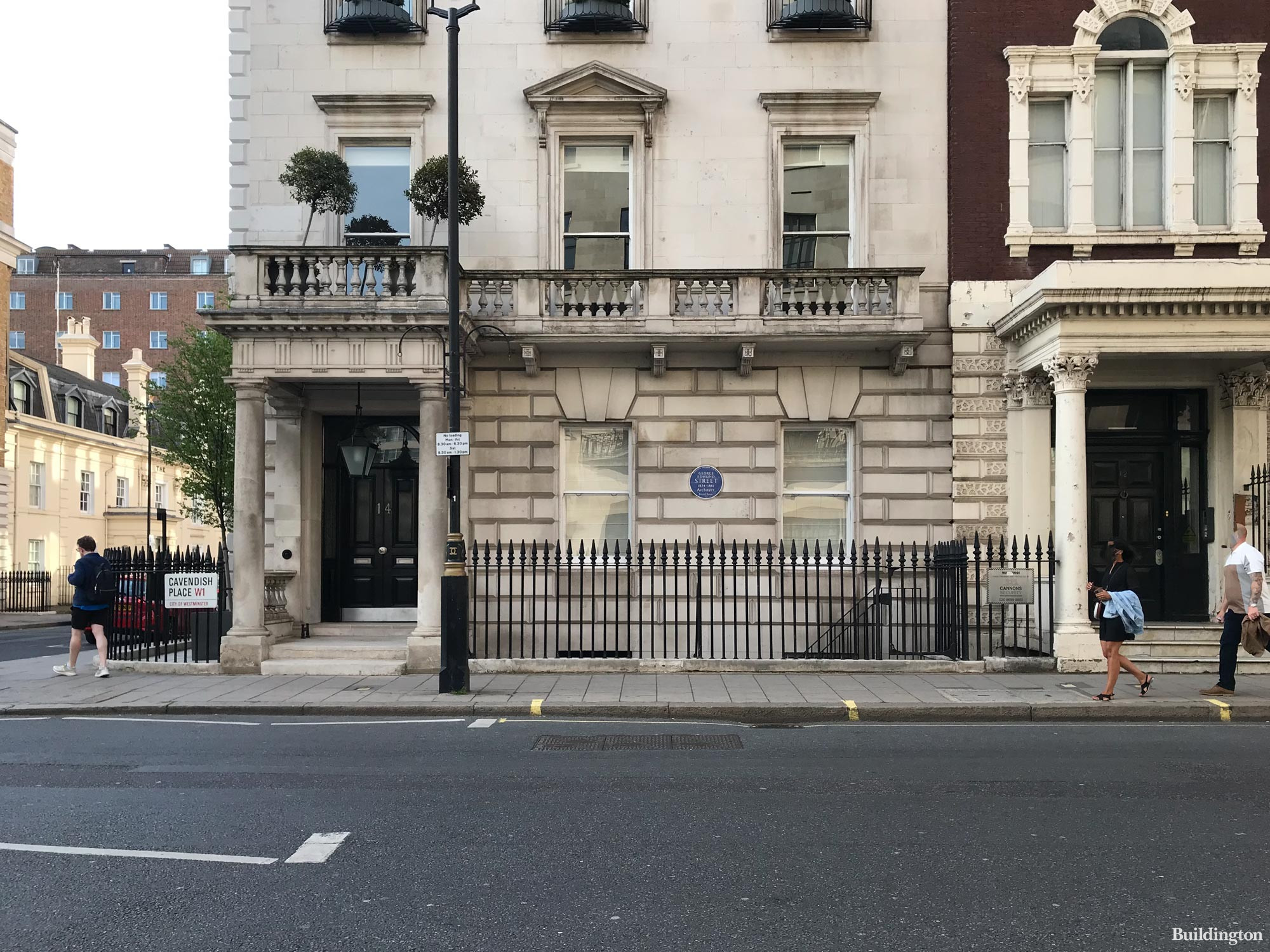 14 Cavendish Place building with blue plaque for George Edmund Street in Marylebone, London W1.