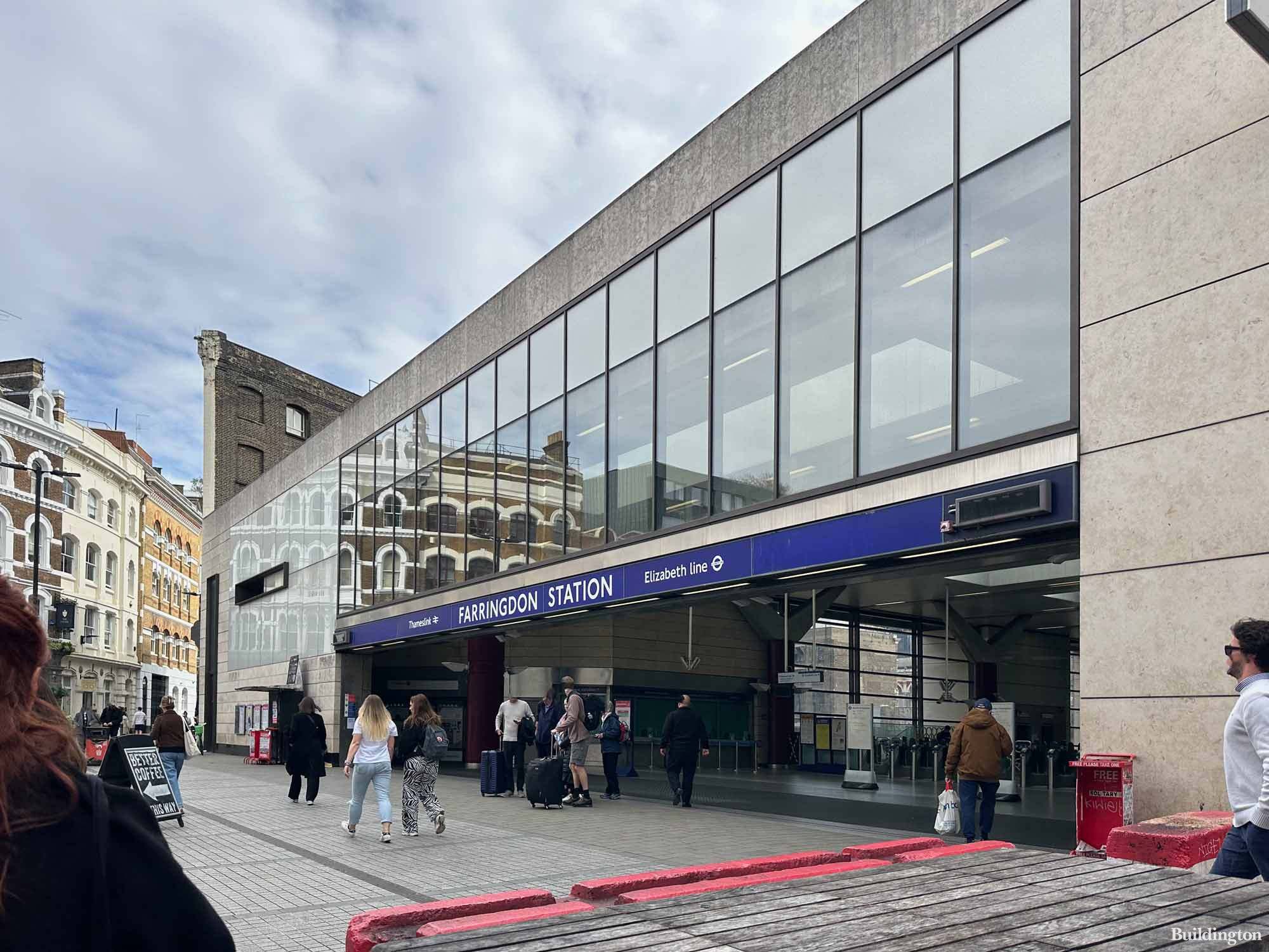 Farringdon Station building for Crossrail Elizabeth Line entrance on Cowcross Street in London