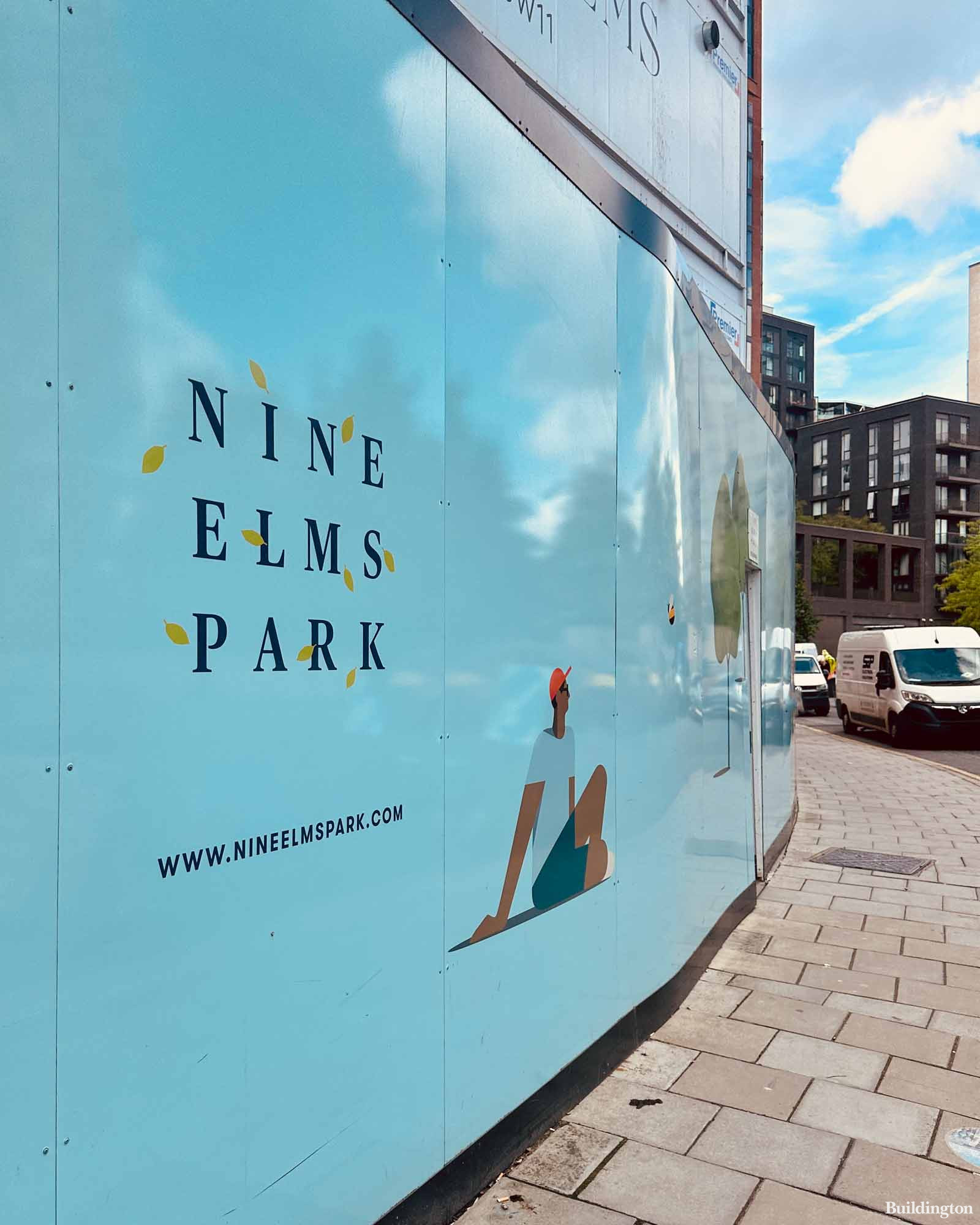 Nine Elms Park development hoarding in Nine Elms, London SW8. Spring 2024.