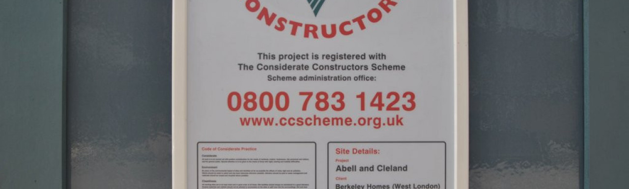 Considerate Constructors banner at Abell House site in March 2014.