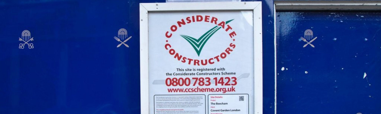 Considerate Constructors banner at The Beecham, 1a Henrietta Street.