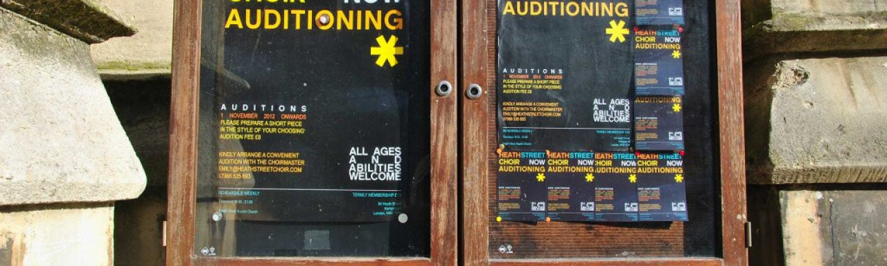Heath Street Choir autitions posters outside the church in February 2013.