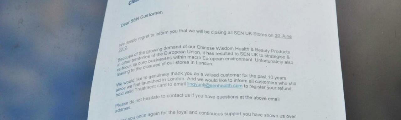 Closure of Sen UK business operation and retail stores - note on the window at 243 Westbourne Grove