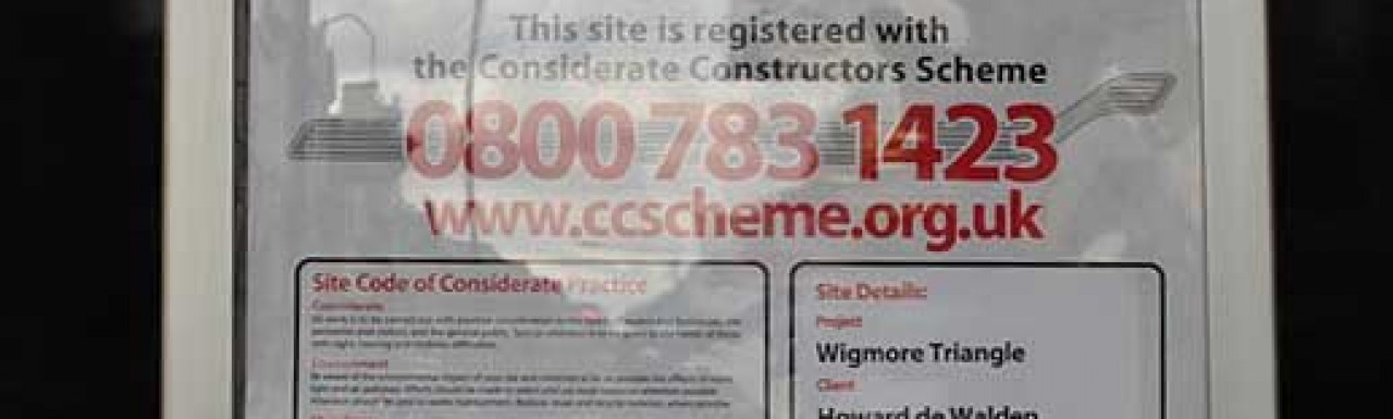 Considerate Constructors Scheme poster at 74 Wigmore Street.