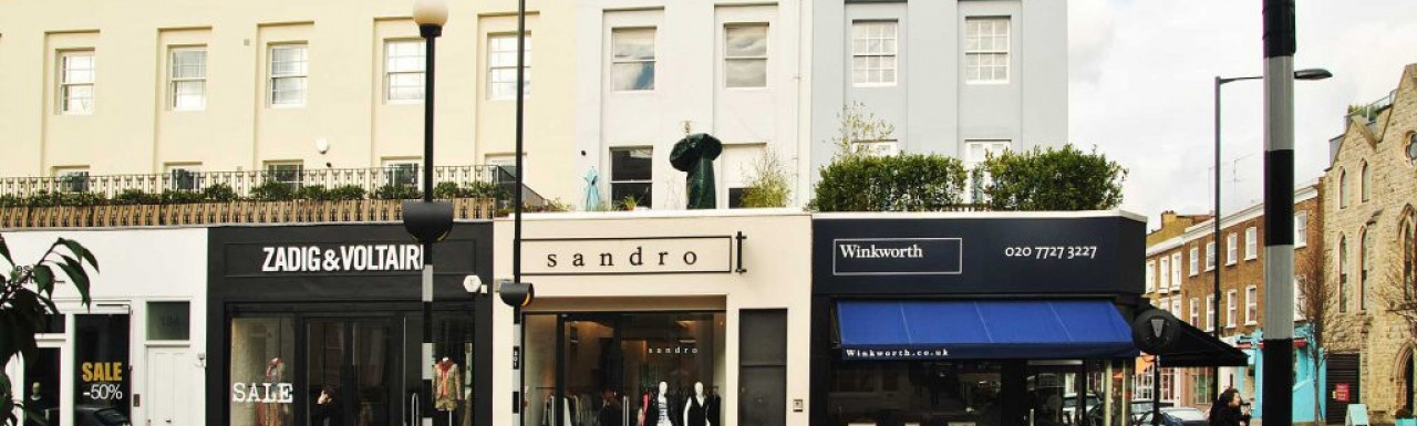 Sandro at 180 Westbourne Grove, next to Winkworth estate agents and Zadig & Voltairi.