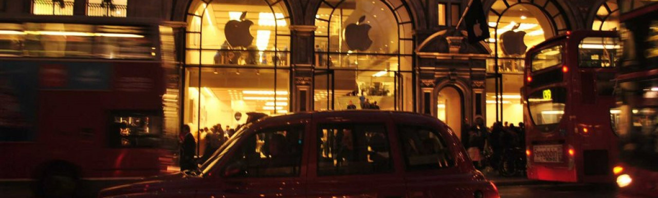 Apple store windows in the evening light